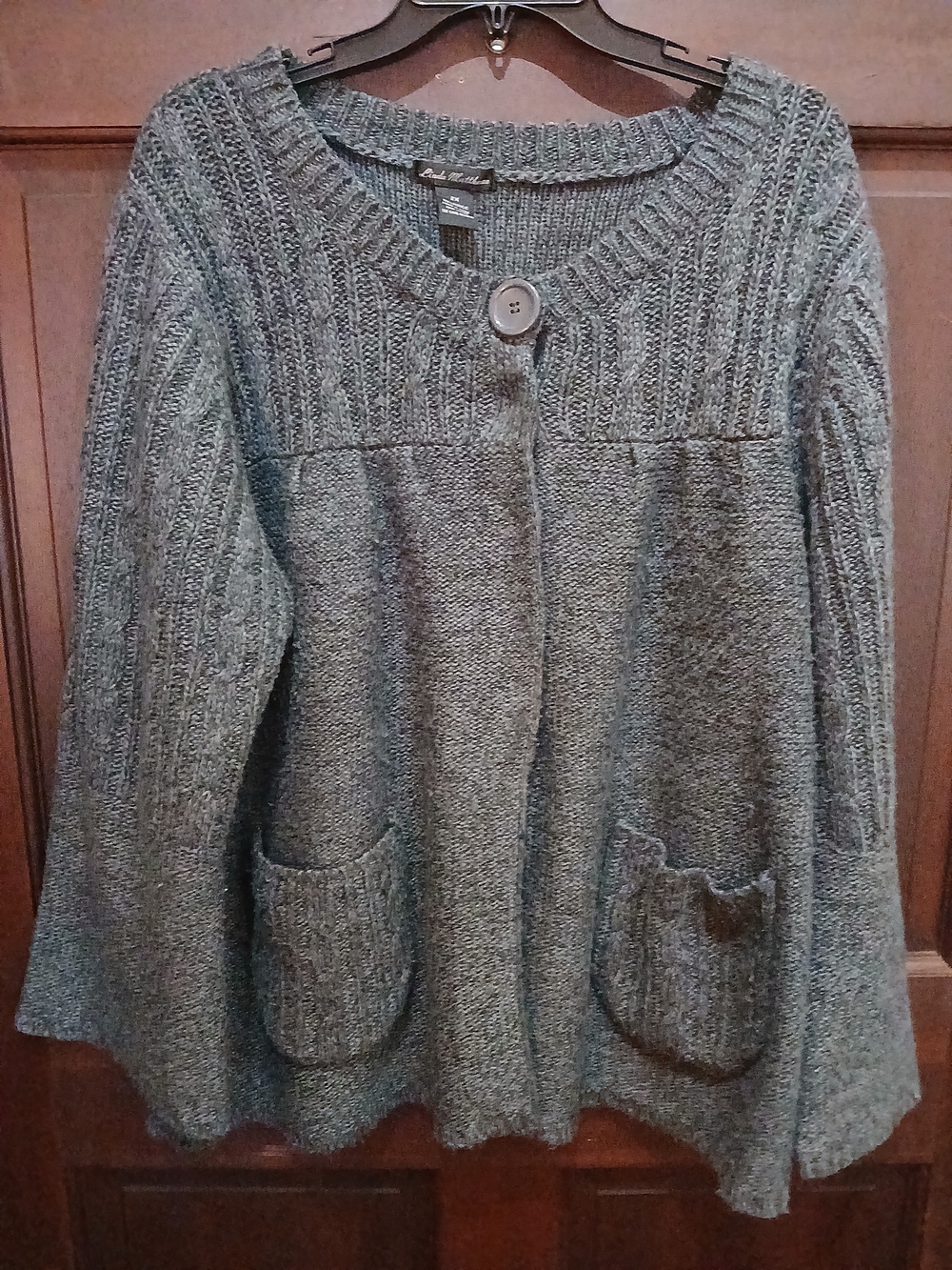 Linda Matthews Cozy Gray Knit Pocket Sweater Cardigan Bell Sleeves Size 2X